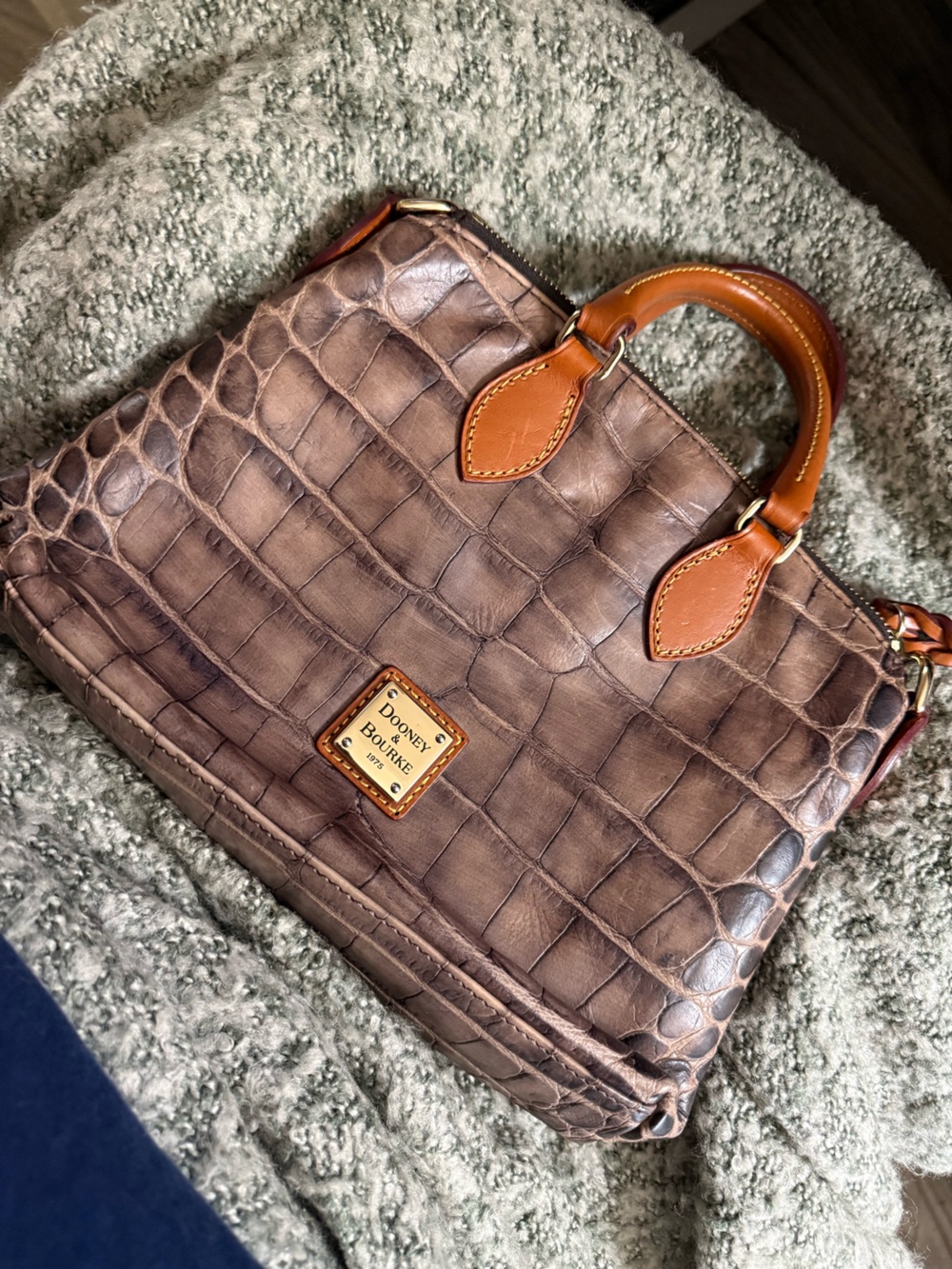 Dooney & Bourke Brown Croc-Embossed Satchel with Tan Handles